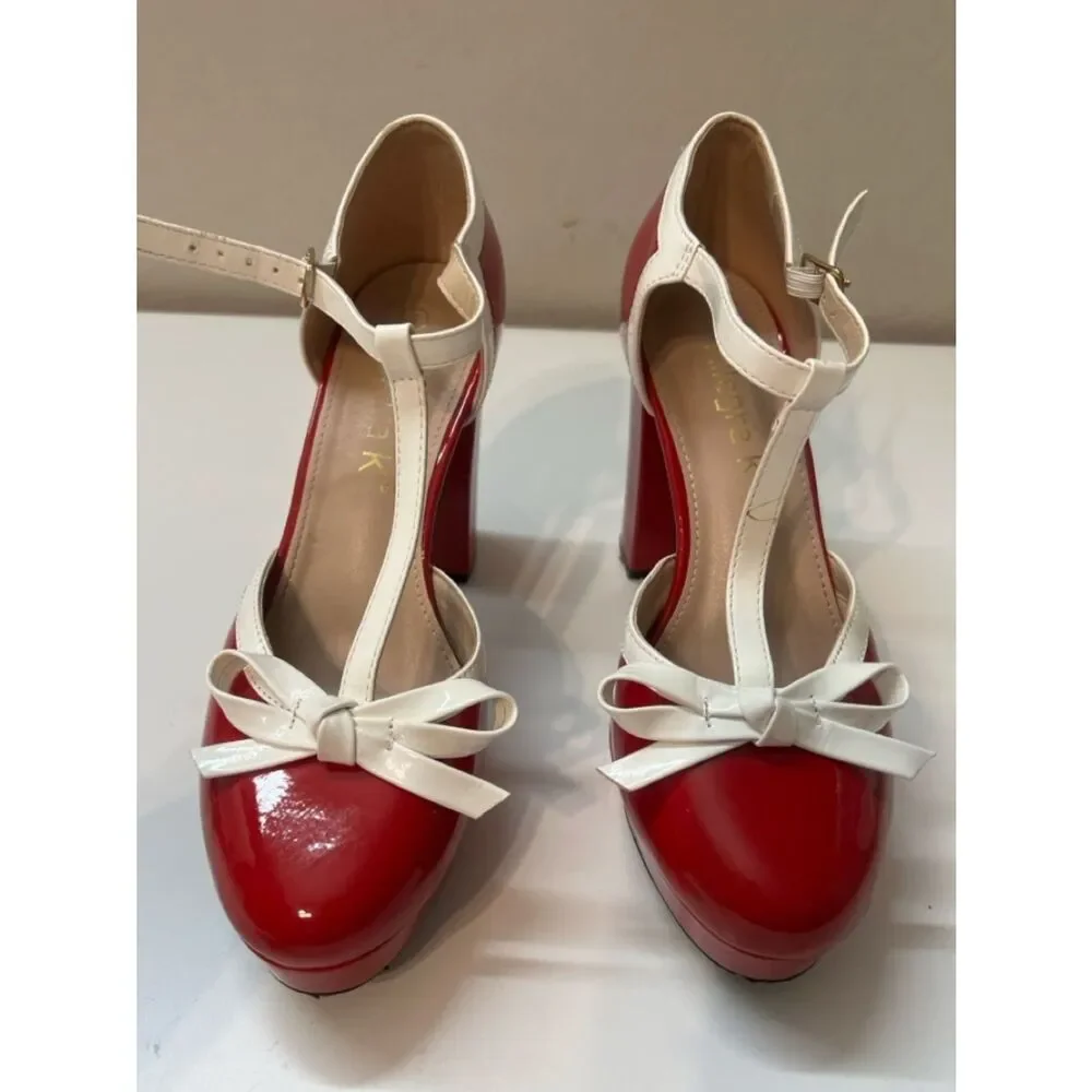 ALLEGRA K Red pinup Mary Jane’s Patent Platform Chunky platform Pumps Heels 8